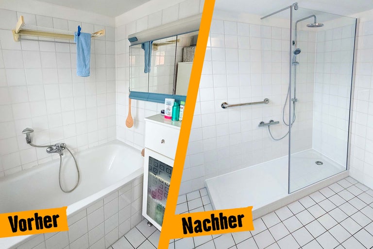 Vorher-Nachher-Vergleich eines Badezimmers mit Badewanne und Dusche