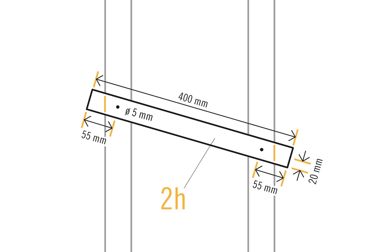 Technische Zeichnung mit Maßangaben für ein Holzbauteil: 400 mm Länge, 55 mm Abstand, 20 mm Breite und 5 mm Durchmesser der Bohrung