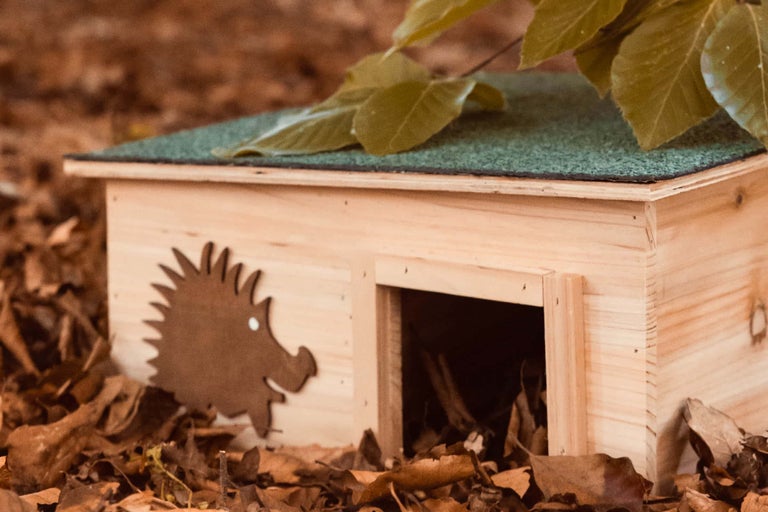 Igelhaus aus Holz mit Igelsymbol und Eingang