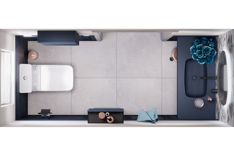 Vogelperspektive eines Badezimmers mit Toilette, Waschtisch, Spiegel und Accessoires für das Badezimmer