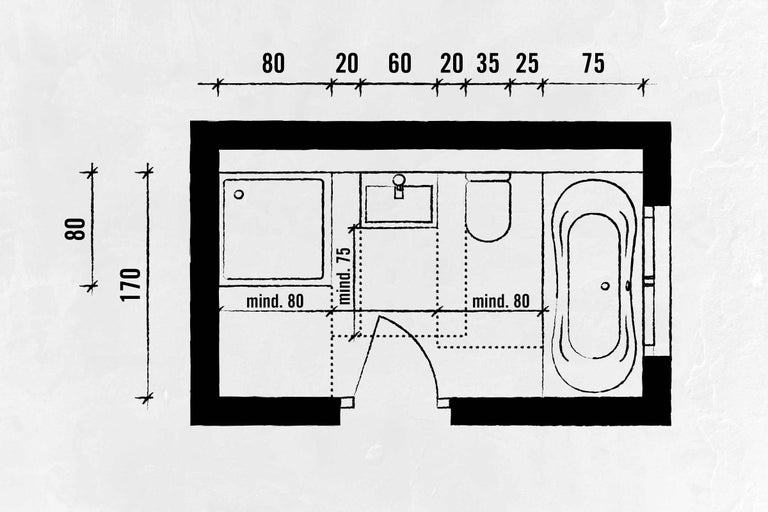 Grundriss eines Badezimmers mit Dusche, Waschbecken, Toilette und Badewanne mit Maßangaben