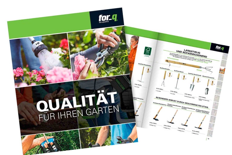 Produktkatalog für Gartengeräte der Marke for-q mit dem Fokus auf Qualität für Ihren Garten