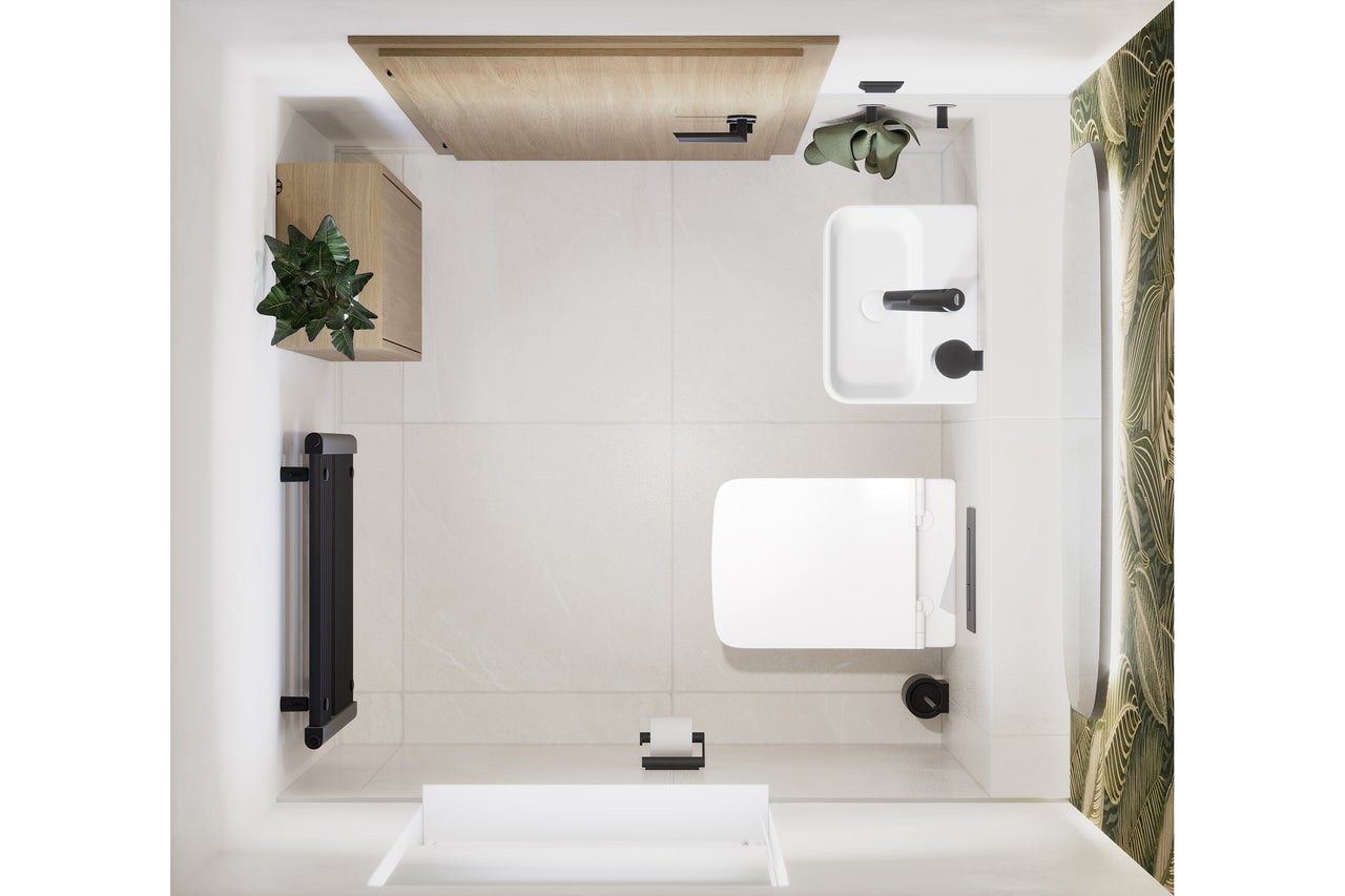Draufsicht eines modernen Gästebads mit weißer Toilette, Waschbecken, schwarzem Heizkörper, Holzschrank, Pflanze und Spiegel vor Blattmuster.