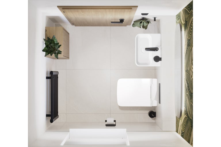 Draufsicht eines modernen Gästebads mit weißer Toilette, Waschbecken, schwarzem Heizkörper, Holzschrank, Pflanze und Spiegel vor Blattmuster.