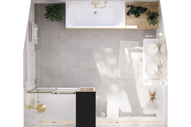 Draufsicht eines Badezimmers mit Badewanne, Waschtisch, Toilette und Dusche.