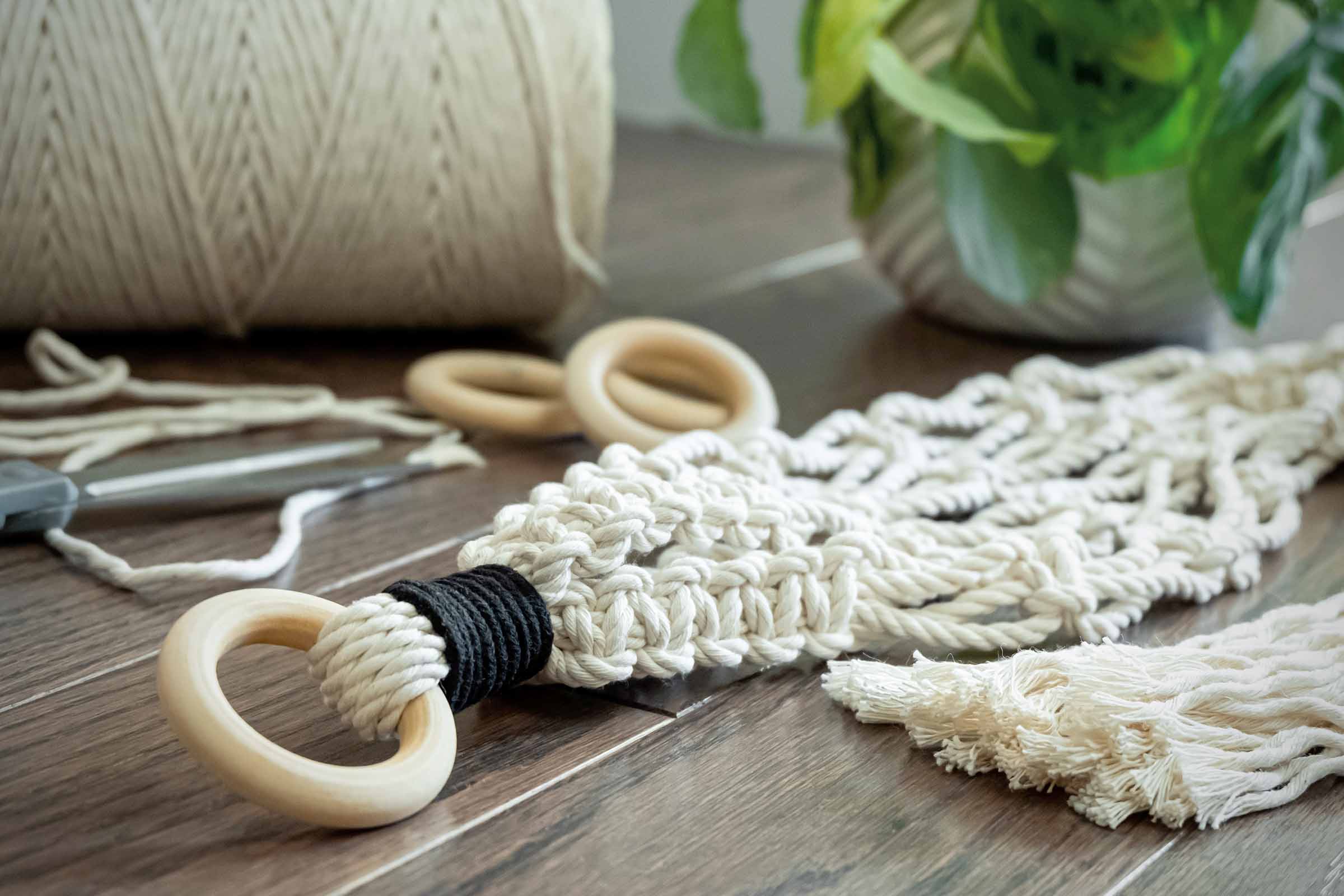 Makramee Blumenampel, Garnrolle, Schere und Pflanzen auf einem Tisch