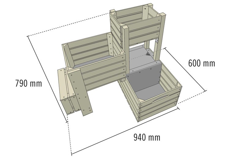 Draufsicht eines Hochbeets mit den Maßen 790 mm Breite, 940 mm Länge und 600 mm Höhe