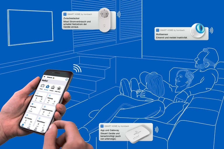 Illustration einer Smart Home Steuerung per App, Zwischenstecker, Multisensor und Gateway.