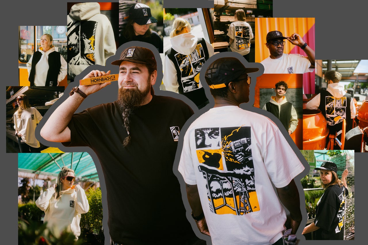 Collage mit Personen in Hornbach Arbeitskleidung wie T-Shirts und Hoodies mit grafischen Prints in verschiedenen Arbeitsumgebungen.