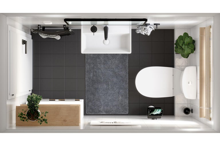 Vogelperspektive eines Badezimmers mit Waschbecken, Toilette, Badewanne und Dekoration