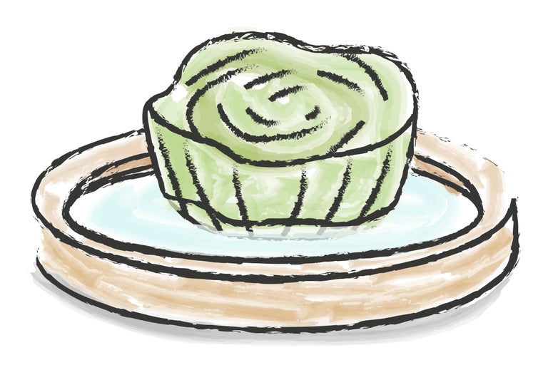 Illustration eines grünen Törtchens auf einem Teller