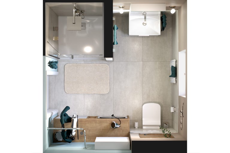 Draufsicht eines modernen Badezimmers mit Dusche, Waschbecken, Toilette und Badmöbeln