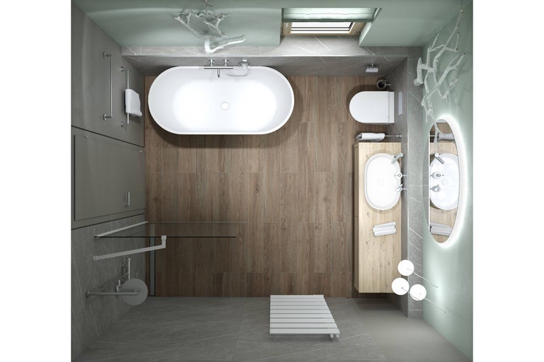 Draufsicht eines Badezimmers mit Badewanne, Toilette, Waschbecken und Spiegel