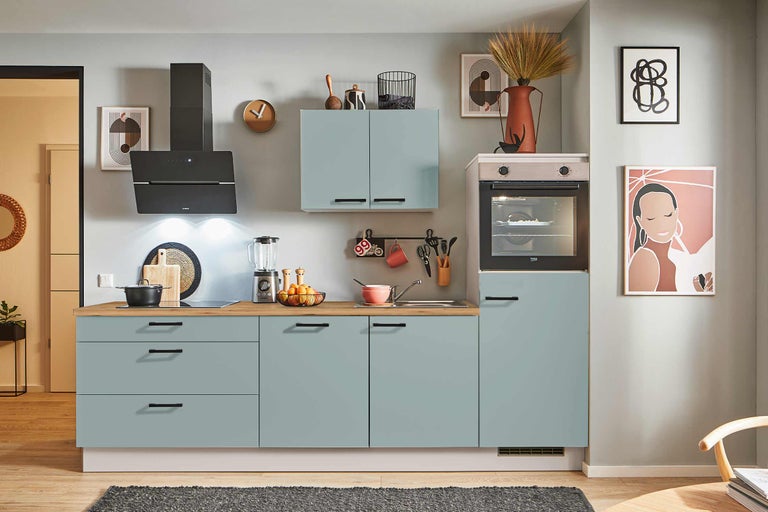 Helle Küche mit Einbaubackofen, Dunstabzugshaube, Arbeitsplatte in Holzoptik und modernen Küchengeräten