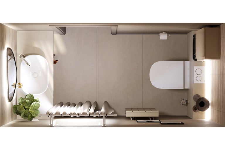 Vogelperspektive eines Badezimmers mit Waschbecken, Toilette, Spiegel und Sitzbank