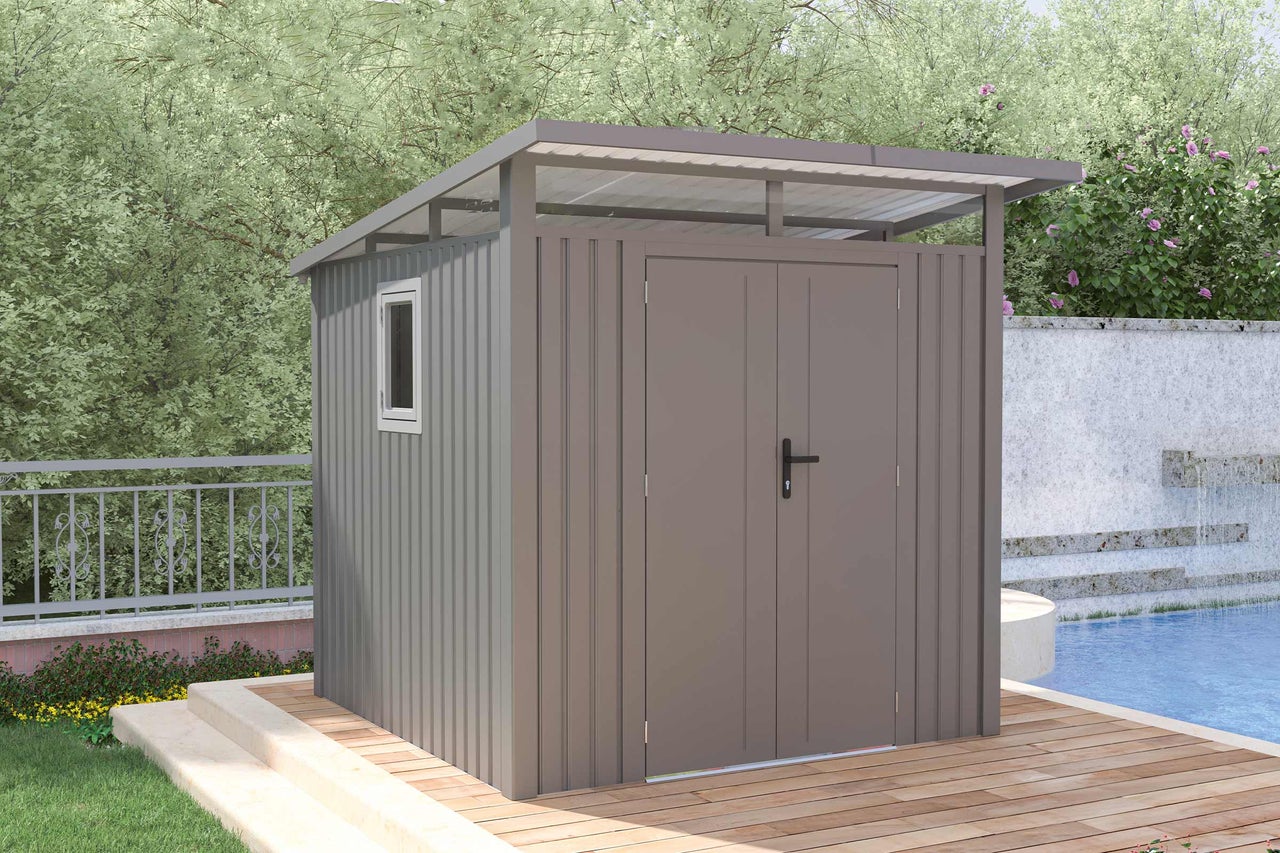 Metall Gerätehaus mit Fenster und Doppeltür im Garten