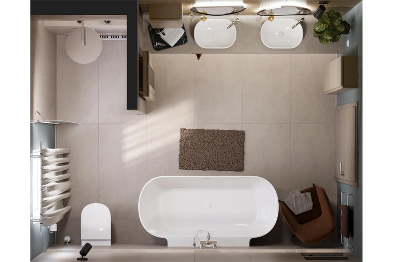 Vogelperspektive eines Badezimmers mit Badewanne, Waschbecken, Toilette und Handtuchwärmer.