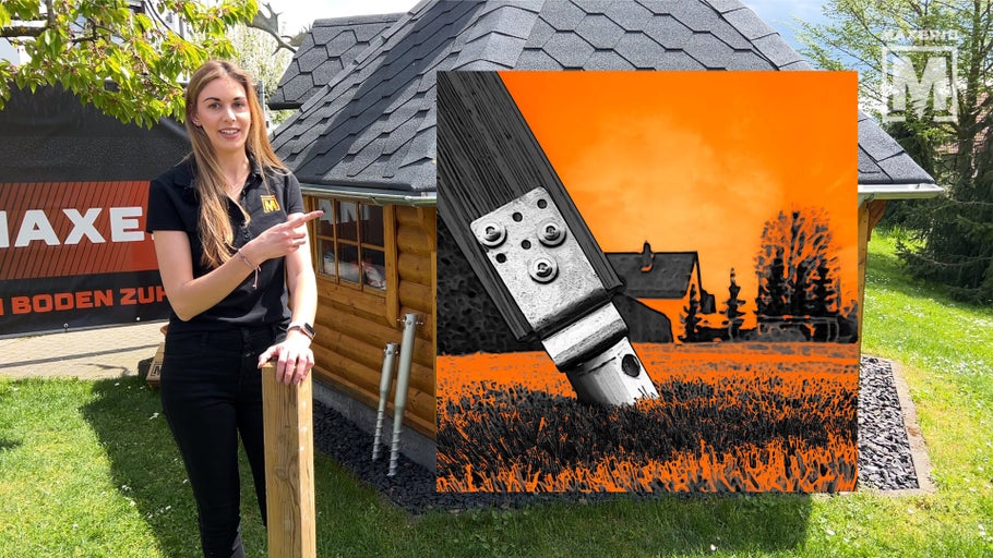 Illustration einer Gartenhaushalterung mit Schraubenfundament und einer Frau, die auf das Gartenhaus zeigt