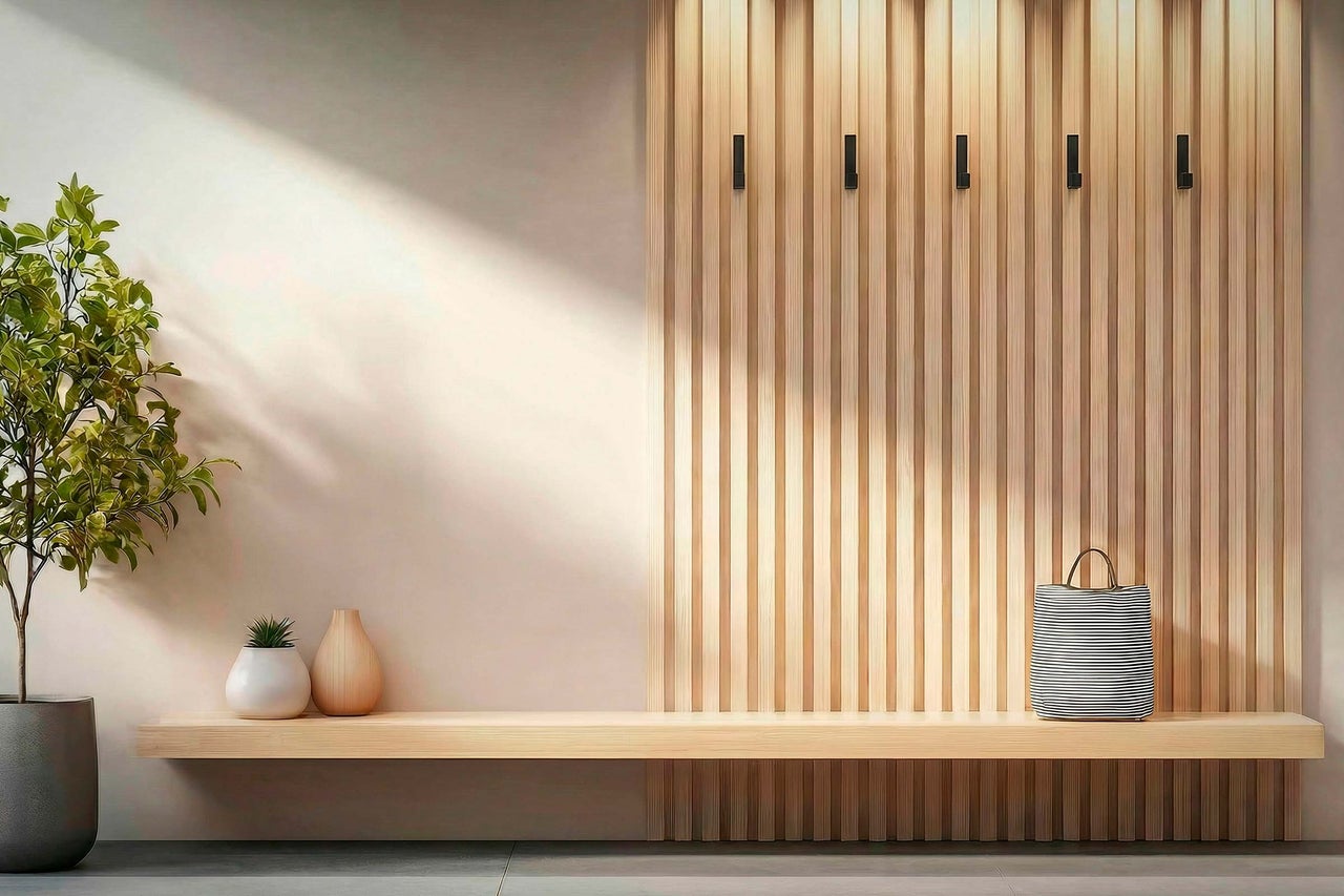 Helle Inneneinrichtung mit Holzpaneelen, Wandhaken und Dekoration auf einer Bank