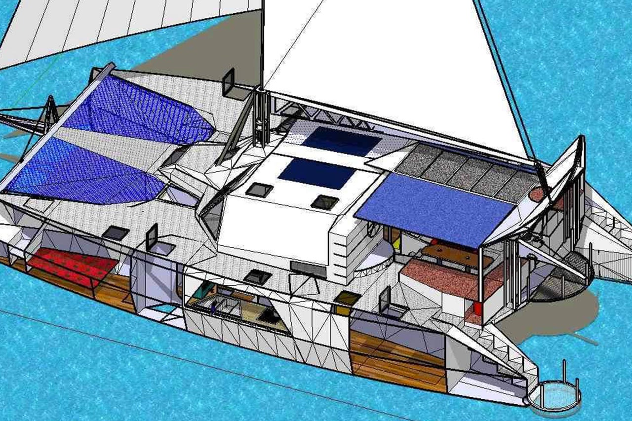 Illustration eines Mehrrumpfbootes mit Segeln