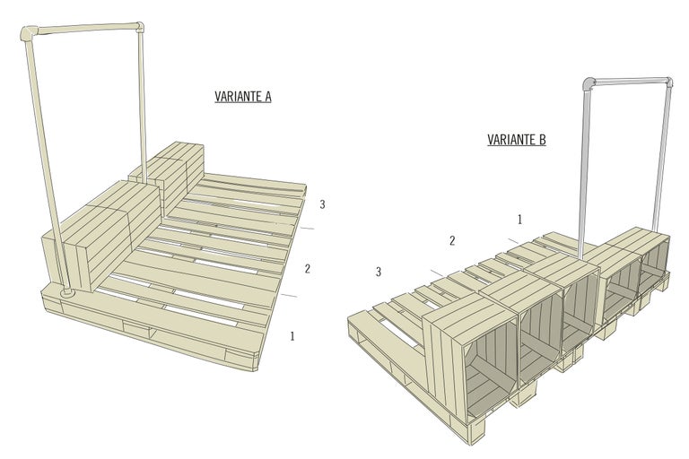 Illustration von zwei Varianten eines Möbelstücks aus Paletten und Holzkisten mit Kleiderstange