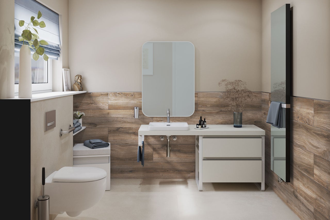 Helles Badezimmer mit Waschtisch, Spiegel, WC und Holzpaneelen