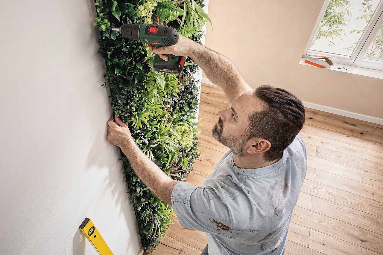 Ein Mann montiert mit einem Akkuschrauber eine grüne Pflanzenwand an einer Wand.