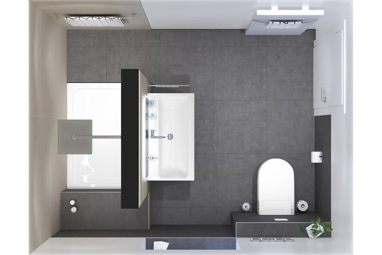 Draufsicht eines Badezimmers mit Badewanne, Dusche und Toilette