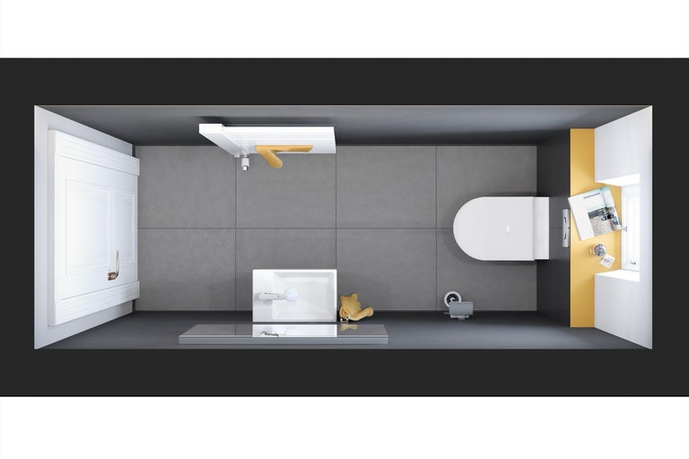 Draufsicht eines Badezimmers mit Toilette, Waschbecken und Dusche