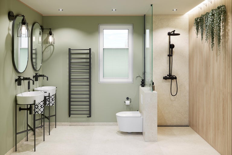 Badezimmer mit Doppelwaschtisch, Heizkörper, Toilette und Dusche