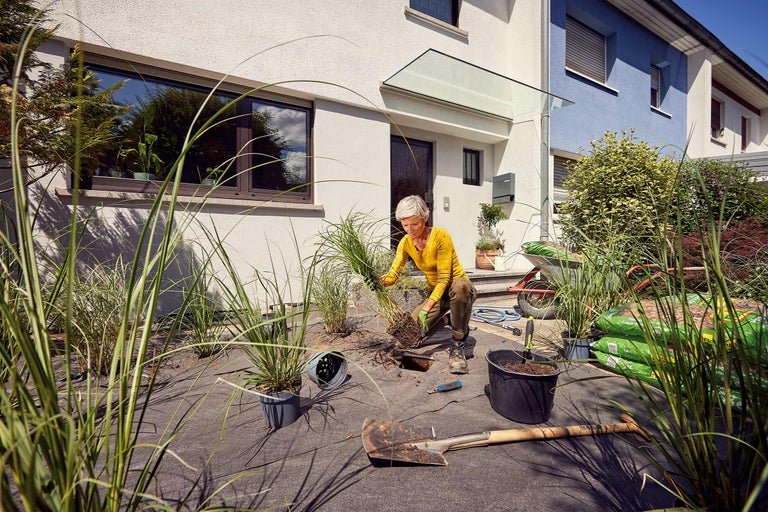 Frau pflanzt Ziergras im Garten mit Gartengeräten und Mulchvlies