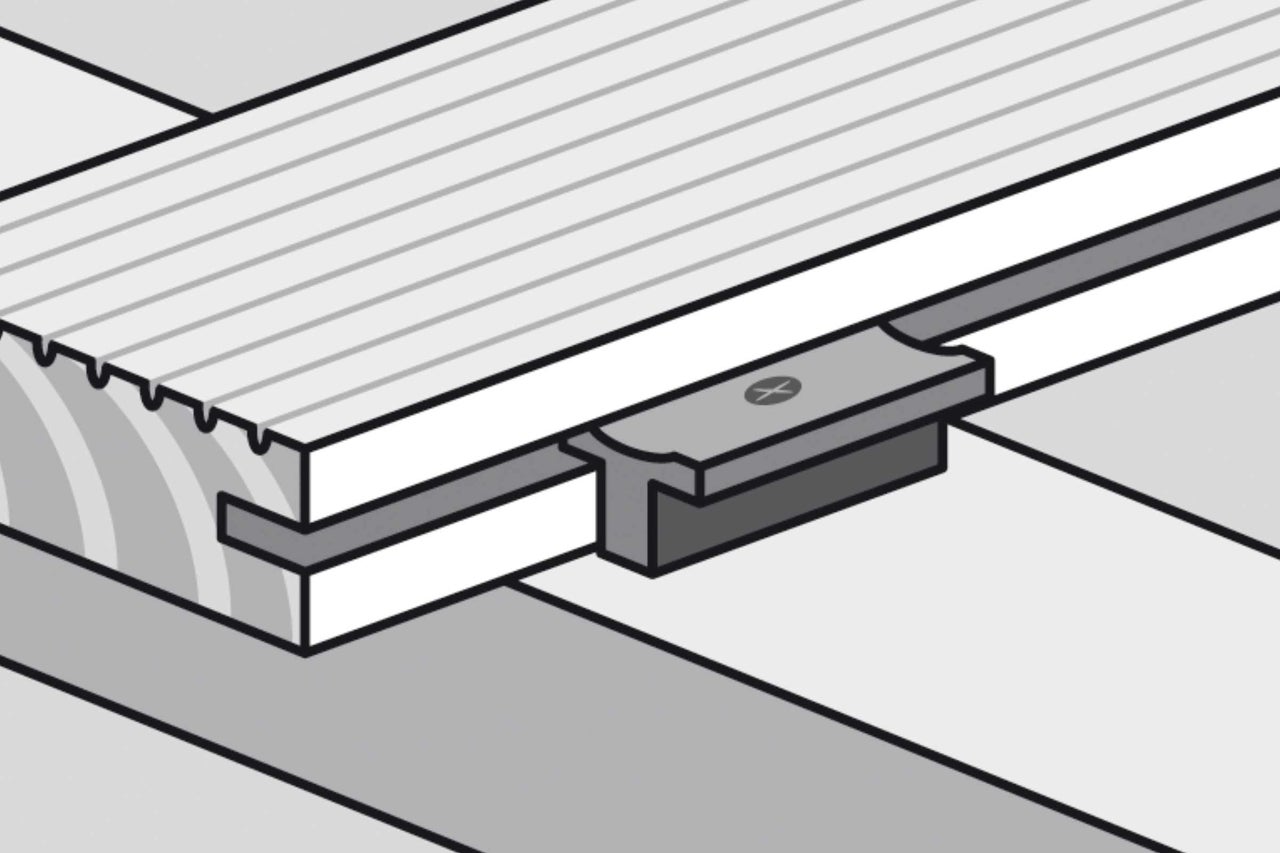 Illustration der Befestigung einer Nut- und Federverbindung mit einem Clip