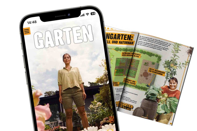 Smartphone mit der Hornbach Garten Zeitschrift im Display und eine geöffnete Garten Zeitschrift