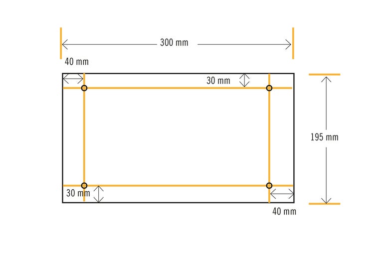 Technische Zeichnung mit Maßangaben: 300 mm breit und 195 mm hoch