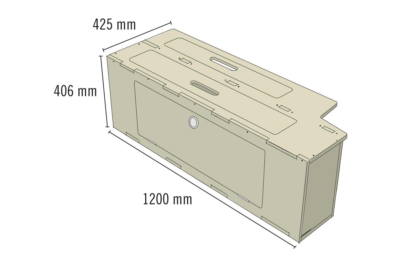 Illustration eines Möbels mit den Maßen 425 mm, 406 mm und 1200 mm.