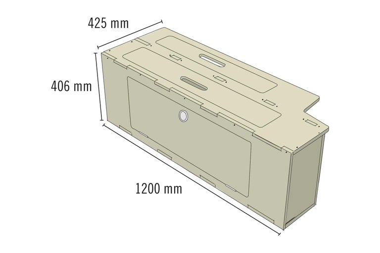 Illustration eines Möbels mit den Maßen 425 mm, 406 mm und 1200 mm.