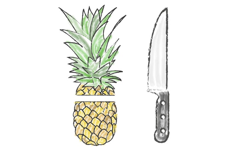 Illustration einer aufgeschnittenen Ananas und eines Küchenmessers