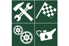 Werkzeugsymbol: Hammer, Schraubenschlüssel, Zielflagge, Zahnräder, Ölkanne