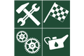 Werkzeugsymbol: Hammer, Schraubenschlüssel, Zielflagge, Zahnräder, Ölkanne