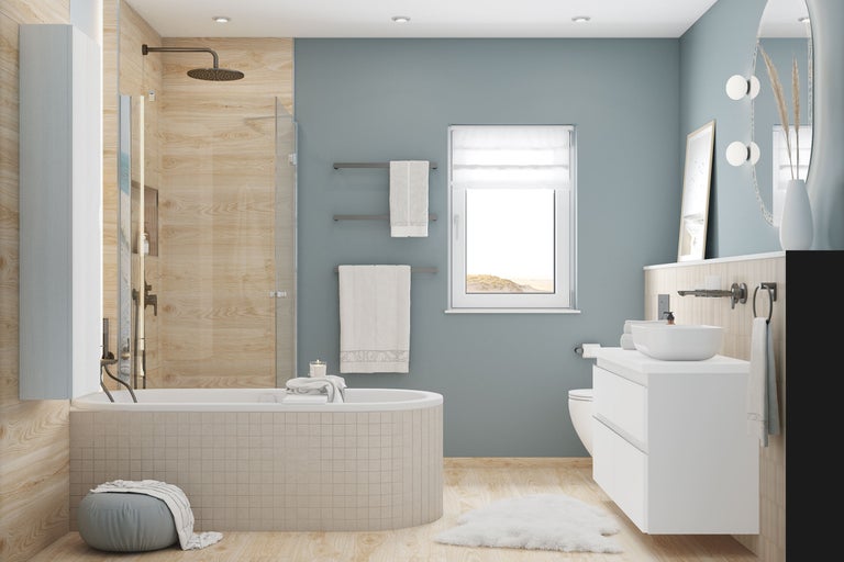 Modernes Badezimmer mit Badewanne, Dusche, weißem Waschtischunterschrank und Wandfliesen in heller Holzoptik.