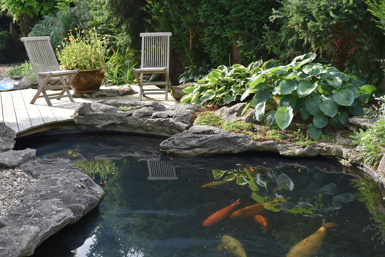 Gartenteich mit Fischen, Steinen, Pflanzen und Holzstühlen