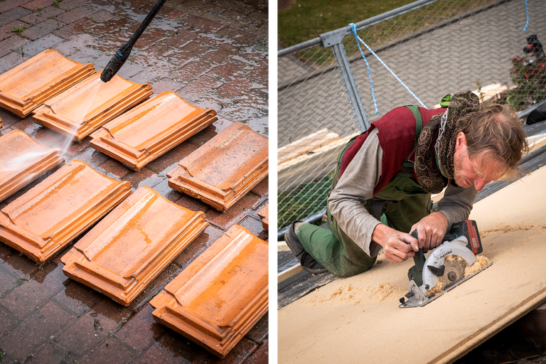 Auf dem Bild sind Dachziegel bei der Reinigung mit einem Hochdruckreiniger und ein Handwerker beim Zuschneiden eines Holzbretts zu sehen.