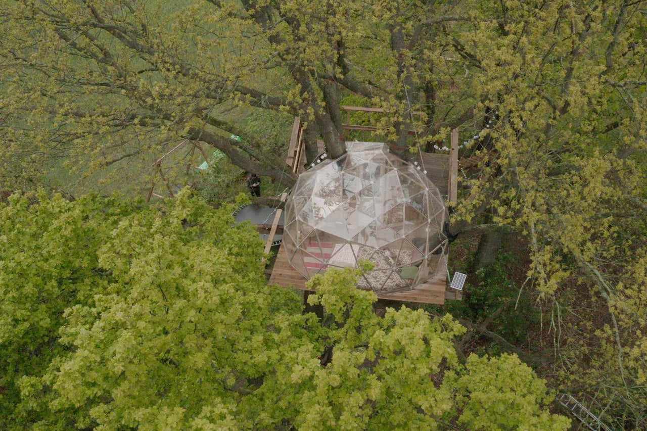 Baumhaus mit Kuppel auf einer Holzplattform, umgeben von Bäumen.