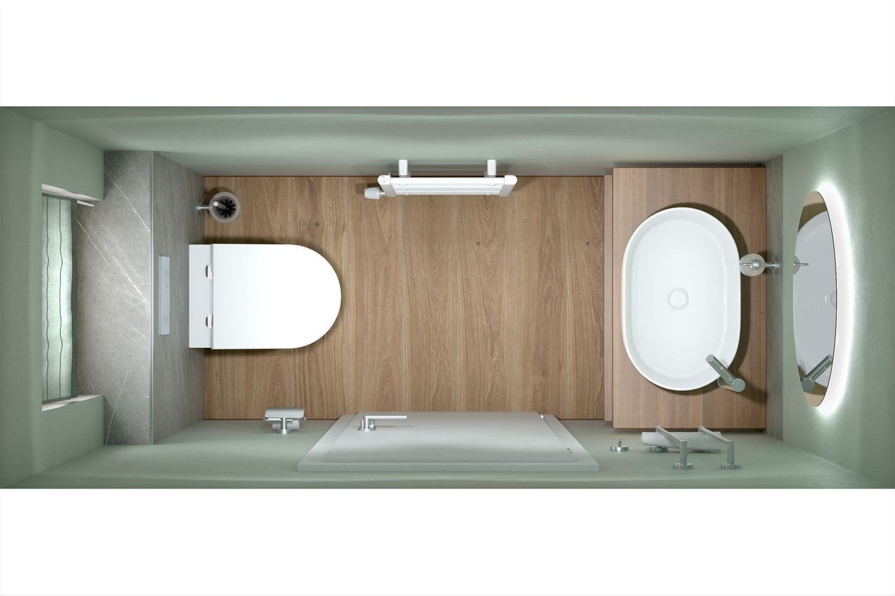 Draufsicht eines modernen Badezimmers mit WC, ovalem Waschbecken auf Holzunterschrank, Dusche und Spiegel. Bodenbelag in Holzoptik.