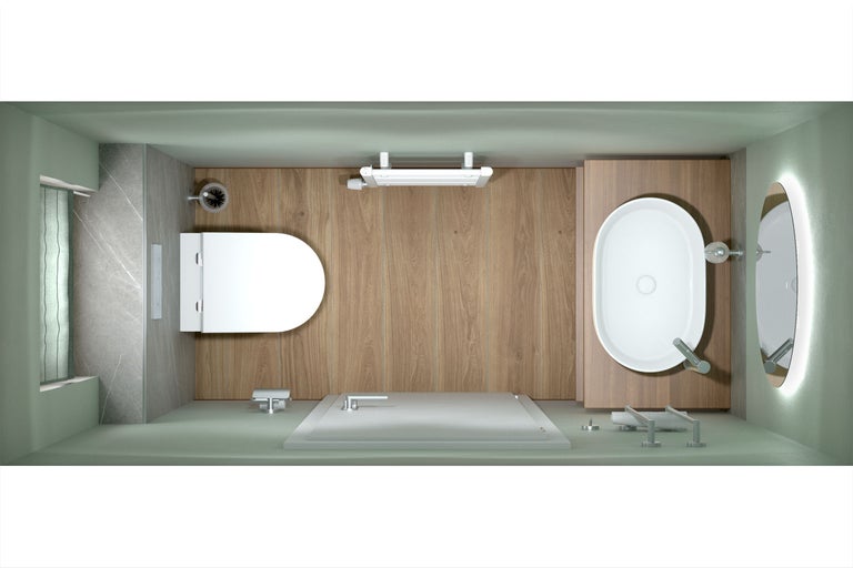 Draufsicht eines modernen Badezimmers mit WC, ovalem Waschbecken auf Holzunterschrank, Dusche und Spiegel. Bodenbelag in Holzoptik.