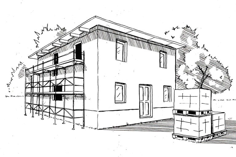 Illustration eines zweistöckigen Hauses im Bau mit Gerüst und Paletten mit Baumaterialien