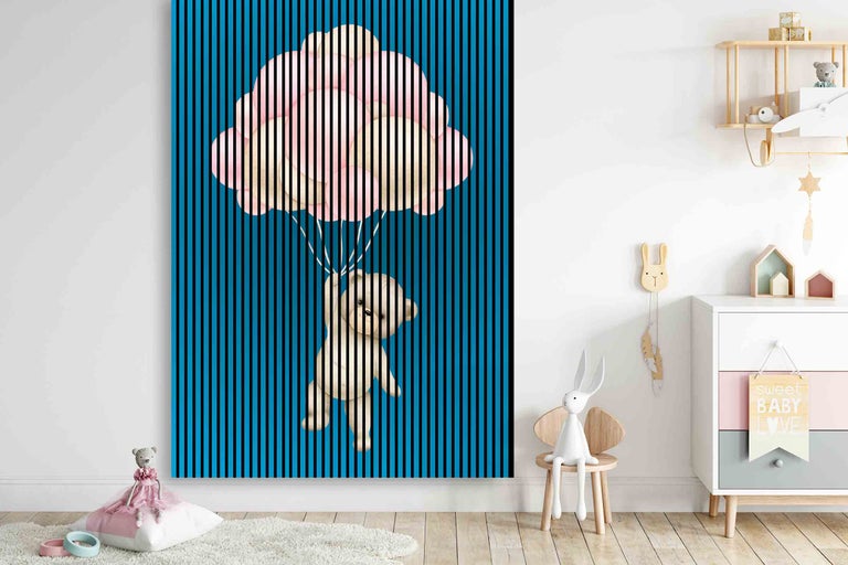 Dekoratives Bild mit einem Bären, der an Ballons hängt, mit vertikalen Streifen