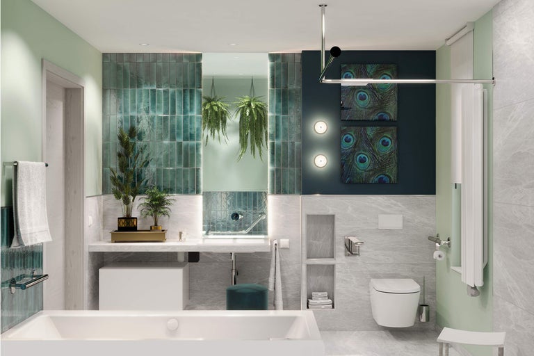 Modernes Badezimmer mit Badewanne, Waschtisch und Toilette in hellem Design