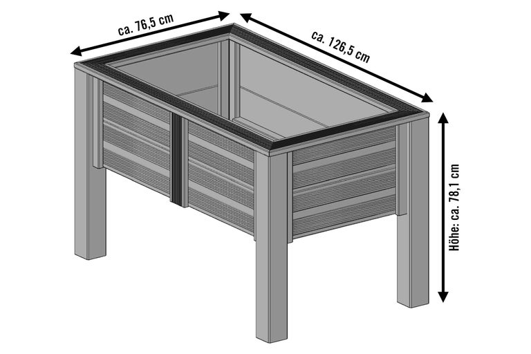 Abbildung eines Hochbeets mit den Maßen circa 76,5 Zentimeter mal circa 126,5 Zentimeter und einer Höhe von circa 78,1 Zentimeter.