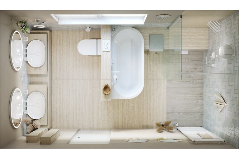 Vogelperspektive eines Badezimmers mit Badewanne, Dusche, Waschbecken und Toilette.